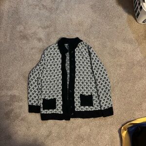 navy and white collared cardigan